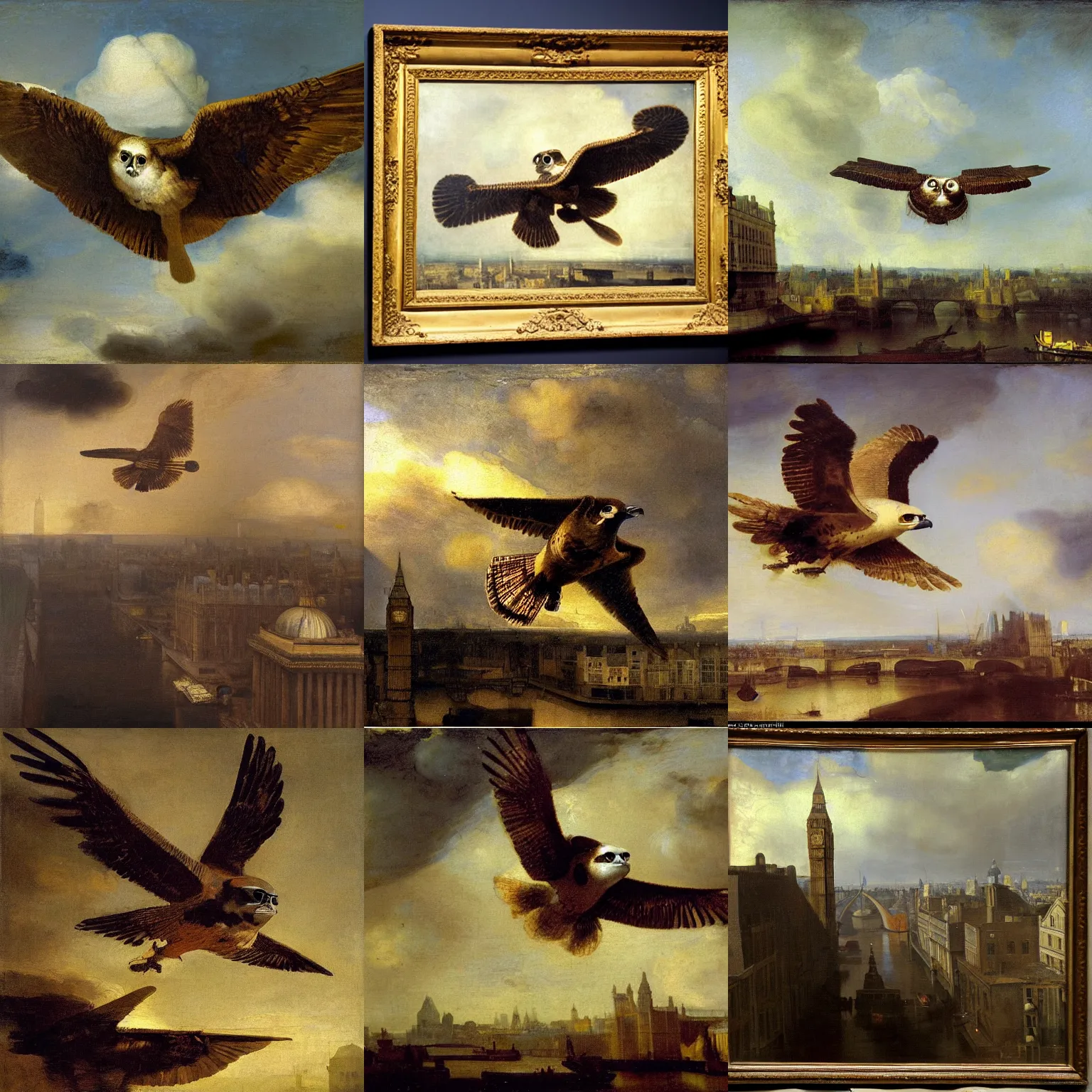 Prompt: oil painting of milennium falcon flying above london by rembrandt, vermeer, carvaggio