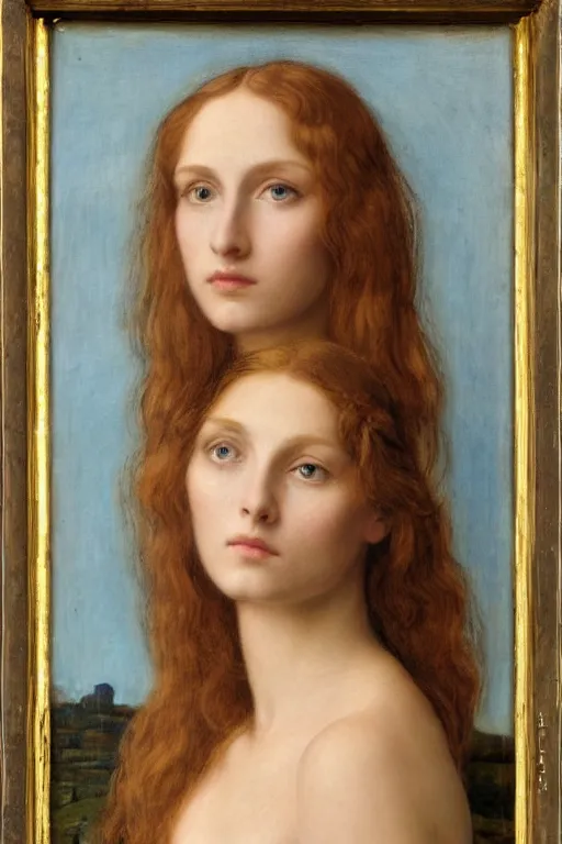 Prompt: Pre-Raphaelite portrait of a young, beautiful female-engineer with blond hair and grey eyes