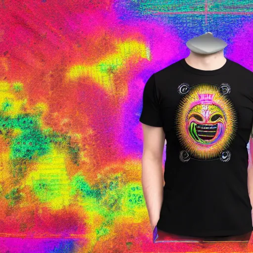 Image similar to mockup of a black tshirt with a hyperdetailed portrait of a happy steampunk robot on lsd, 8 k, symetrical, flourescent colors, happy trippy mood, multicolored,