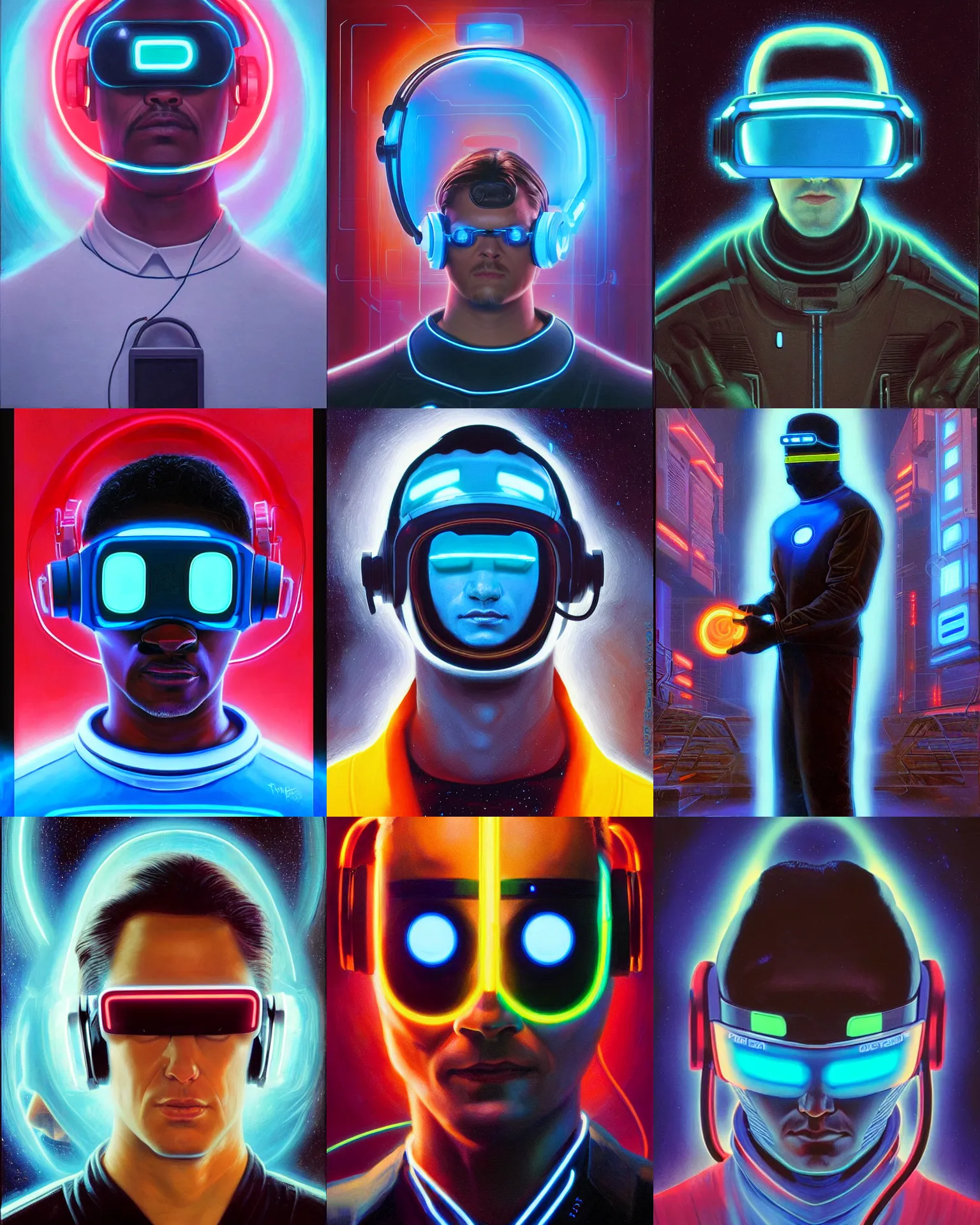 Prompt: tron neon cyberpunk programmer with glowing geordi cyclops visor over eyes and sleek headphones headshot desaturated portrait painting by donato giancola, dean cornwall, rhads, tom whalen, alex grey astronaut fashion photography