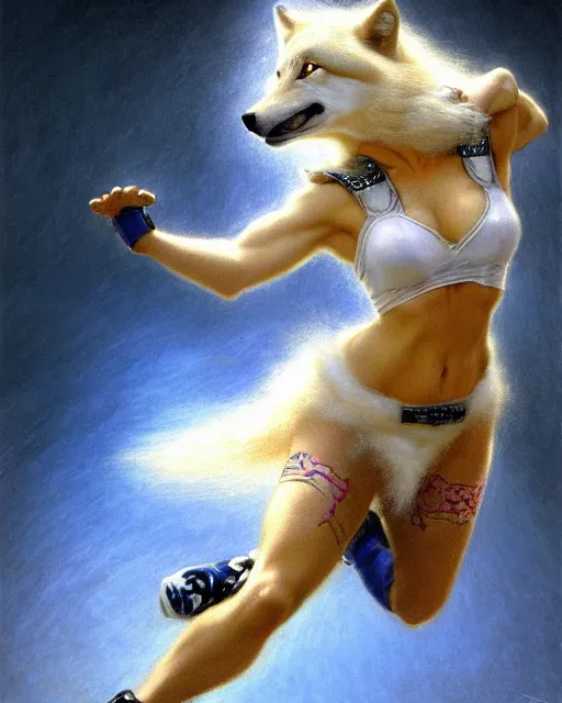 Image similar to a buff white female anthro wolf skating at a roller derby, 4 k, furaffinity, fursona, trending on artstation, energetic, speed, motion blur, by gaston bussiere, craig mullins, j. c. leyendecker, gustav klimt, artgerm, greg rutkowski, alphonse mucha