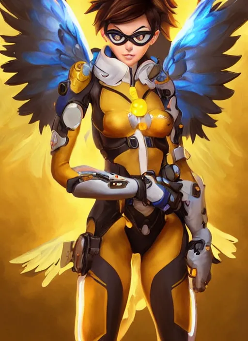 Prompt: full body oil painting of tracer overwatch in the style of artgerm, angel wings, angelic golden armor, dramatic painting, symmetrical composition, ornate, high detail, gold detailed collar!!!!!, blooming, lights, flowers, detailed face,