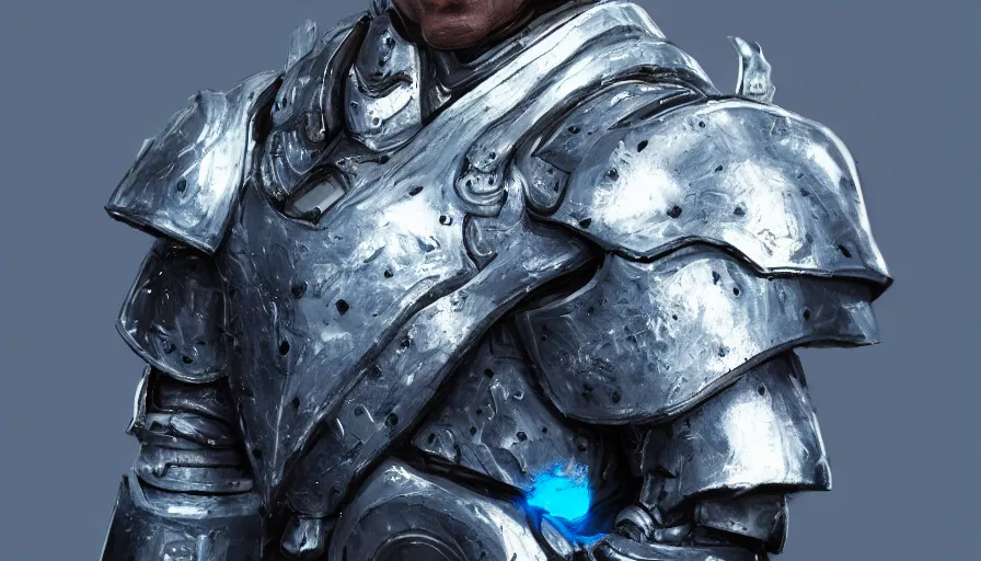 Image similar to joe biden in white metal armor with blue lights in it, no mask, black background, hyperdetailed, artstation, cgsociety, 8 k