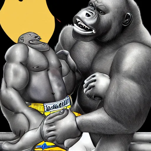 Prompt: harambe fighting mike tyson in the octagon, 9 1 1, happy, sad, ai, dream, realistic, detailed, lightning, 8 k
