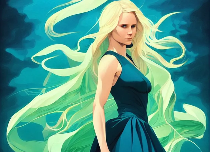 Prompt: style artgerm, joshua middleton, beautiful kristen bell with green dress, very long blue hair, symmetrical face, symmetrical eyes, water powers water swirling, detailed, beach setting, cinematic lighting