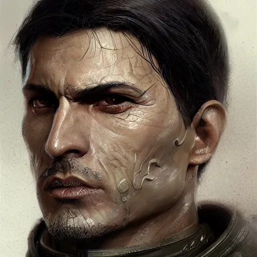 Image similar to portrait of a man by greg rutkowski, a jedi commander, arabian features and olive skin, long black hair, wise appearance, wearing the tactical gear of the galactic alliance, star wars expanded universe, he is about 4 0 years old, highly detailed portrait, digital painting, artstation, concept art, smooth, sharp foccus ilustration, artstation hq