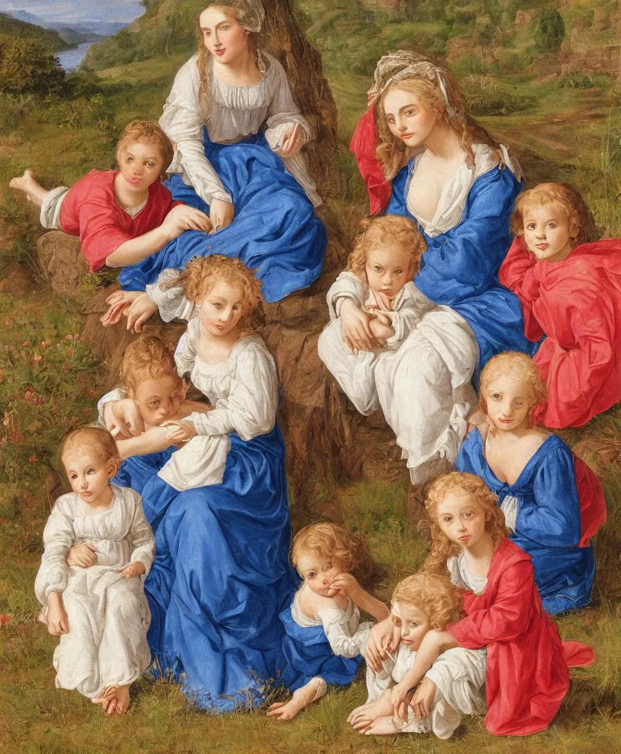 Image similar to Detailed Portrait of beautiful Madonna with two children playing in the style of Raffael. Children are very small and only cloth is blue linen. Madonna has a blue skirt and a red shirt. They are sitting in a dried out meadow. In the background, there is a lake with a town and mountains. Flat perspective.