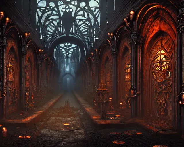 Image similar to steam necropolis, memento mori, gothic, neo - gothic, art nouveau, hyperdetailed copper patina medieval icon, stefan morrell, philippe druillet, ralph mcquarrie, concept art, steampunk, unreal engine, detailed intricate environment, octane render, moody atmospherics, volumetric lighting, ultrasharp, ominous, otherworldly