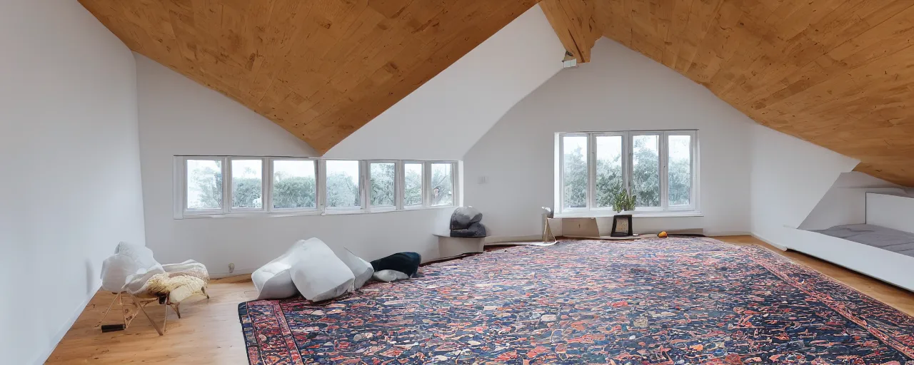 Image similar to 1.7 metre low attic, with matte white angled ceiling, with 2 rectangular windows opposing each other, with a large square window in the back right corner of the room, with exquisite turkish and persian rugs on the polished plywood floor, XF IQ4, 150MP, 50mm, F1.4, ISO 200, 1/160s, natural light