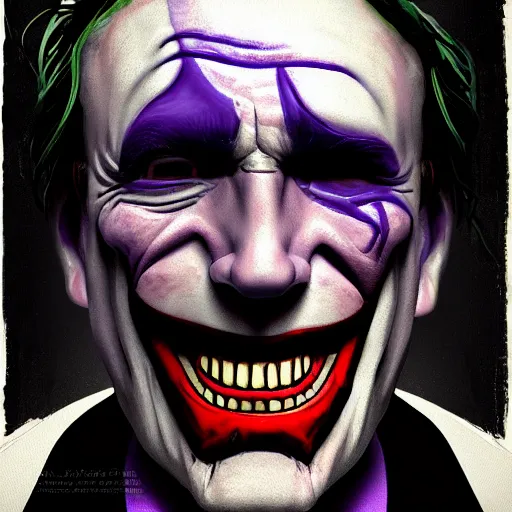 Prompt: uncanny portrait of alex jones cosplaying as the joker, artstation