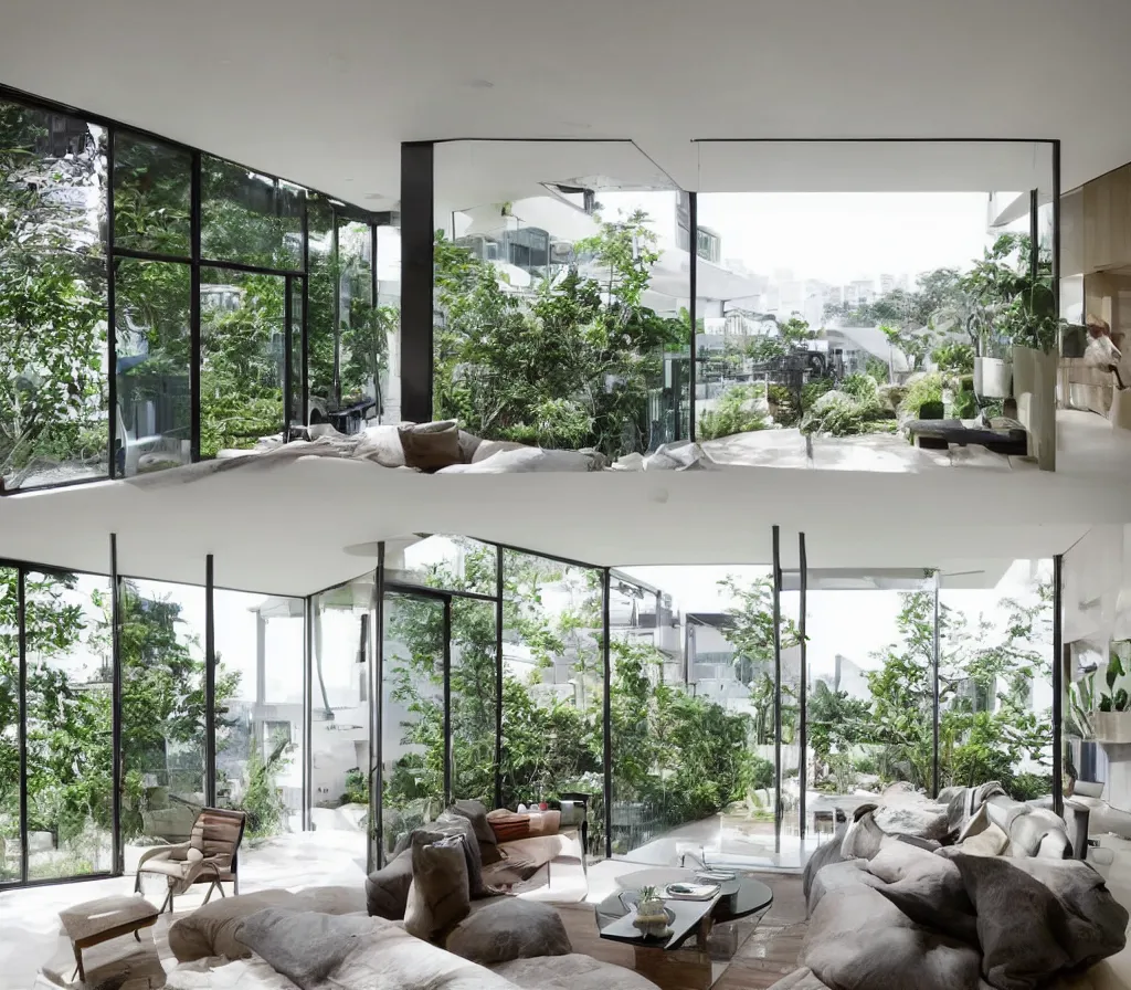 Prompt: a modern interior design, living room, residential design, floor - to - ceiling windows, and garden landscape outside the window ， by gracinha viterbo, trending ，