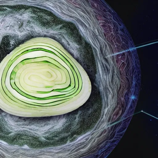 Prompt: The universe evolving causally depicted as layers on an onion