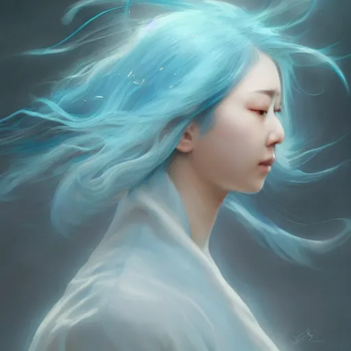 Image similar to asian female wind elemental, light blue color palette, lifelike, portrait, highly detailed, digital painting, artstation, concept art, sharp focus, illustration, cinematic lighting, art by artgerm and greg rutkowski and alphonse mucha