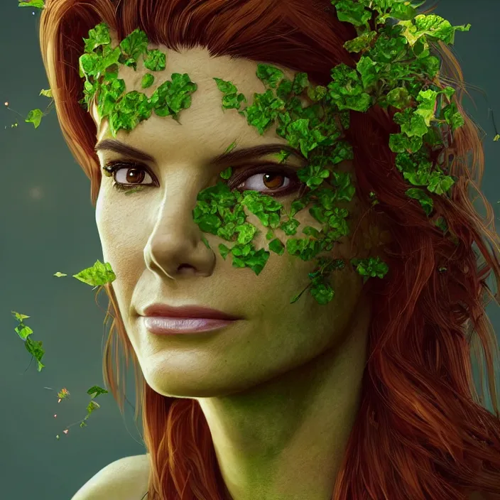 Image similar to portrait of Sandra Bullock as a Poison Ivy. intricate artwork. by Tooth Wu, wlop, beeple, dan mumford. octane render, trending on artstation, greg rutkowski very coherent symmetrical artwork. cinematic, hyper realism, high detail, octane render, 8k