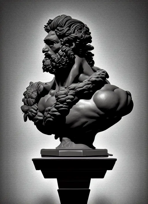 Image similar to bust of hercules, beeple, mike mignola, vaporwave, retrowave, black background, neon wiring, black, glitch, strong contrast, cuts, pinterest, trending on artstation