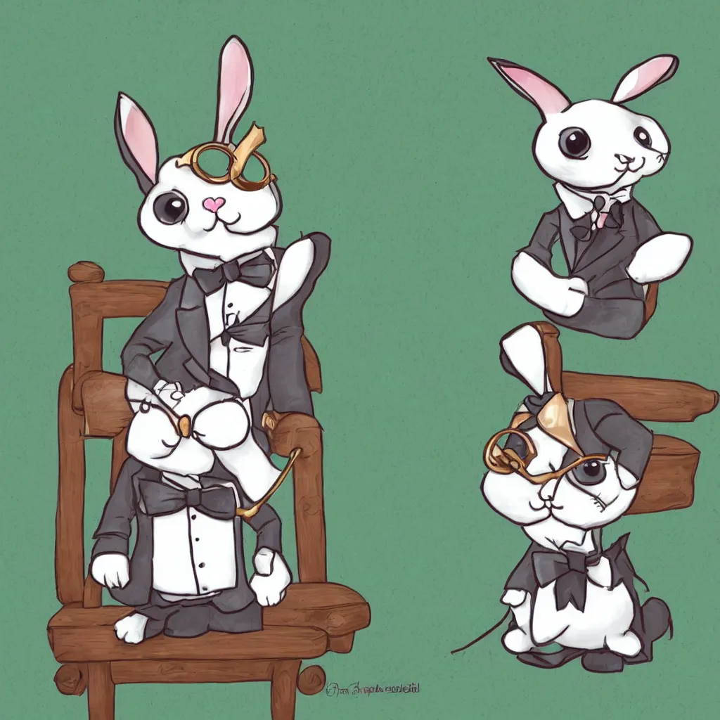 Prompt: a dapper chibi bunny rabbit in formal wear with a monocle sitting on a park bench on a sunny day, digital art