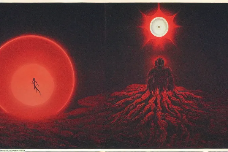 Image similar to people activate behelit in the middle of eclipse, human sacrifice , Old testament angel, dark sky, red cloud, sea of blood, beksinski