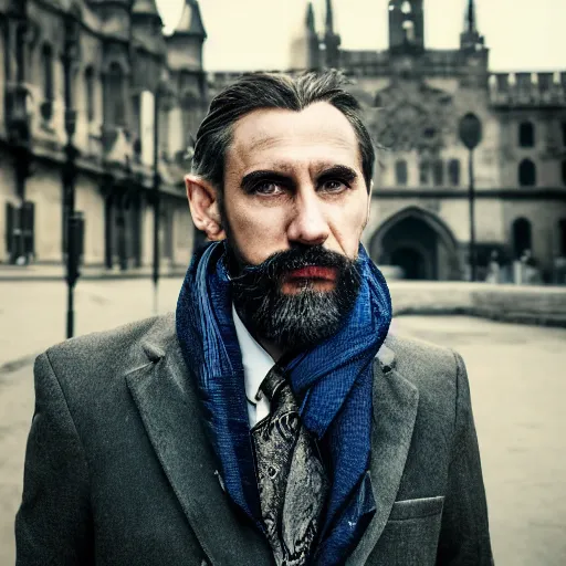 Image similar to A detailed portrait of a dignified man's face by Alessio Albi. He has unblemished pale skin. He has black hair, blue eyes, short black hair, and short black goatee. He is thin and in his late forties. Medieval city as the background