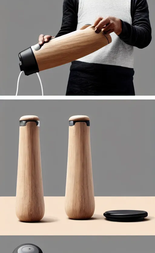 Image similar to a stylish handheld electric beverage mixer ; natural materials ; industrial design ; behance ; le manoosh ; pinterest ; if design award ; reddot design award