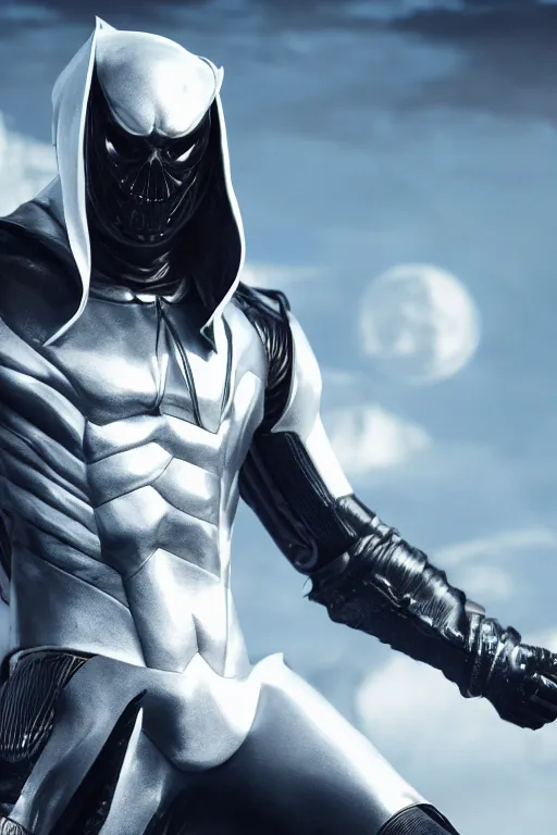 Image similar to hyperrealistic photography of Moon Knight mixed with Ghostrider style of wlop and Hossein Diba, full-shot, merged character, 4k, highly detailed, cinematic lighting, photorealistic, 3d render, award winning render, unreal engine, masterpiece, octane render, sharp focus, studio lighting, 8k, hd