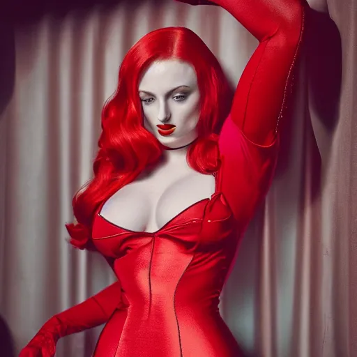 Image similar to photography sophie turner as jessica rabbit in her red dress, femme fetal, darkroom, dramatic high contrast lighting like sin city, ultra - realistic, intricate detail, 8 k