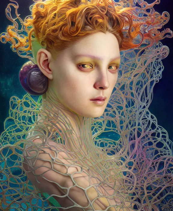 Image similar to intricate colorful transparent portrait of a disturbing beautiful alien mollusk creature, mottled coloring, adorable, childlike, underwater environment, ultra realistic, concept art, art nouveau, photorealistic, octane render, 8 k, unreal engine. art by christopher marley and artgerm and greg rutkowski and alphonse mucha