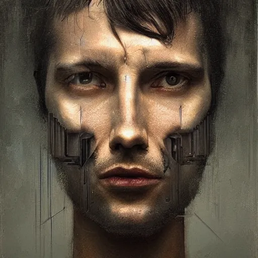 Image similar to surreal portrait of a man by Greg Rutkowski, symmetrical face, he is about 30 years old, short black hair with bangs, his features are a mix between French, Turkish and Russian, transformed into a kind of biomechanical transhuman god, uncany but fascinating, expression of epiphany and determination, cosmic void background, frightening, fascinating, highly detailed portrait, digital painting, book cover, artstation, concept art, smooth, sharp foccus ilustration, Artstation HQ