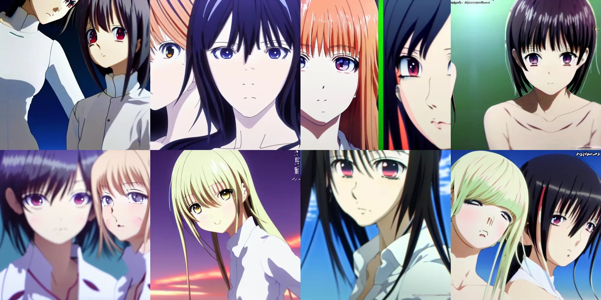 Prompt: anime still film anime shikishi, two female angel character full white dressed next on a paradise, cute face by ilya kuvshinov yoshinari yoh makoto shinkai katsura masakazu kyoani, dynamic perspective pose super detailed facial features eyebrowless symmetry, gapmoe yandere grimdark, crisp and sharp cel shade ambient light n