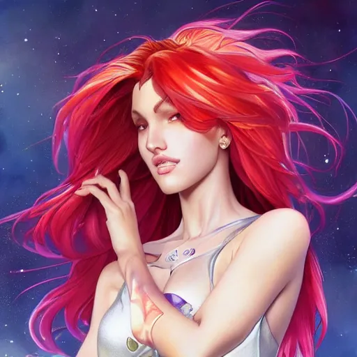 Image similar to ultra realistic illustration, bella thorne as starfire anime, intricate, elegant, highly detailed, digital painting, artstation, concept art, smooth, sharp focus, illustration, art by artgerm and greg rutkowski and alphonse mucha and wlop