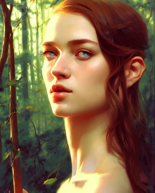 Image similar to stylized portrait of an artistic pose, composition, young forest nymph surrounded by nature, realistic shaded, fine details, realistic shaded lighting poster by ilya kuvshinov, magali villeneuve, artgerm, jeremy lipkin and michael garmash and rob rey