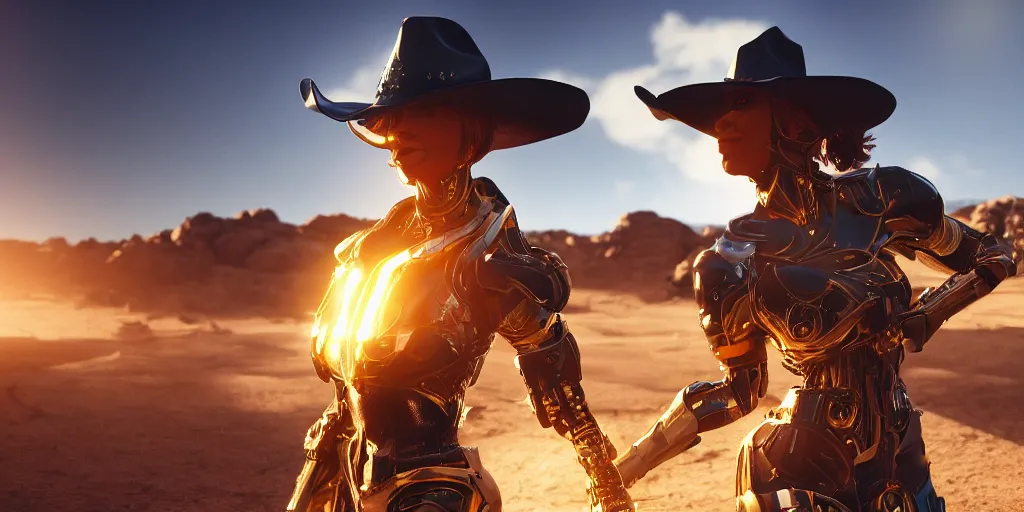 Image similar to Panorama screenshot beautiful female cyborg, super bright gold glowing eyes, wearing a cowboy hat, photographic highly detailed desert, dynamic dramatic golden moody lighting, volumetric lighting, shadows,cinematic atmosphere,Artstation, DAZ, bungie, hyperrealistic 3D digital art,Octane render