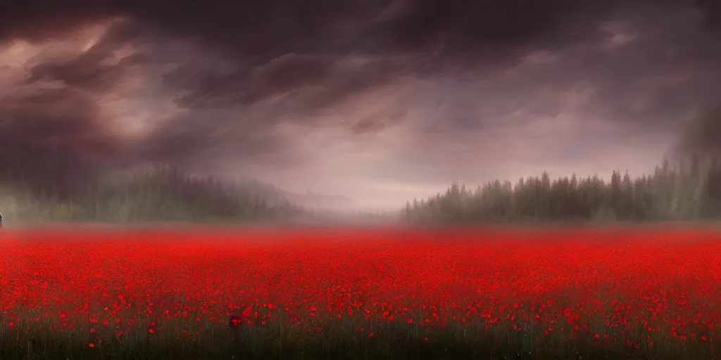 Prompt: a detailed beautiful matte painting of a field of poppies by Mikko Lagerstedt and Raphael Lacoste