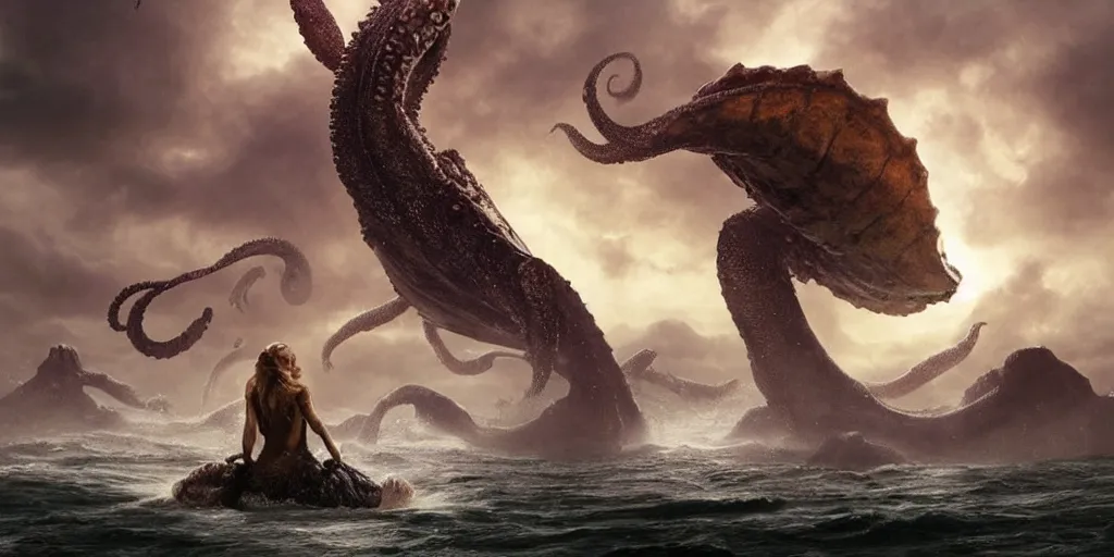 Image similar to Fantasy fairytale story, Great Leviathan Turtle, cephalopod, Cthulhu Squid, Mysterious Island, center Universe, accompany hybrid, Cory Chase, Blake Lively, Anya_Taylor-Joy, Grace Moretz, Halle Berry, Mystical Valkyrie, Anubis-Reptilian, Atlantean Warrior, intense fantasy atmospheric lighting, hyperrealistic, William-Adolphe Bouguereau, François Boucher, Jessica Rossier, Michael Cheval, michael whelan, Cozy, hot springs hidden Cave, candlelight, natural light, lush plants and flowers, Spectacular Mountains, bright clouds, luminous stellar sky, outer worlds, Solar Flare Unreal Engine, HD,