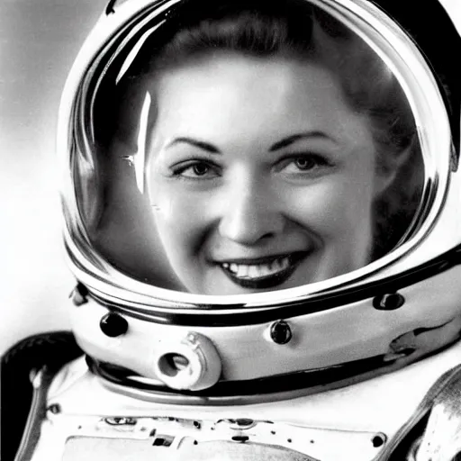 Prompt: a woman wearing a 1950's spacesuit with no helmet, long curly blond hair, 1950's, film grain