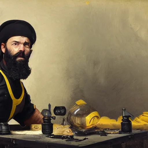 Image similar to Medium shot frustrated and acerbic male bearded Imperial soldier wearing a {black and yellow tabard} over a steel breastplate and a black gambeson leaning over a table, by Raymond Swanland Greg Rutkowski Lise Deharm, {perfect face}, {perfect eyes}, {perfect body}, {hands planted on table},