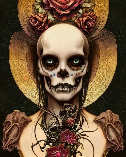 Prompt: perfectly centered portrait front view of a angry dead rotten beautiful female skull growing ornamentation all around, ornate, ornaments, detailed, symmetrical, elegant, beautifully soft lit, by wayne barlowe, peter mohrbacher, kelly mckernan, alphonse mucha