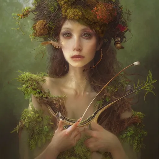 Image similar to portrait character design painting, dryad musician inspired by brian froud, portrait, accompanied by a cute feathered mouse, studio lighting by jessica rossier and brian froud and gaston bussiere