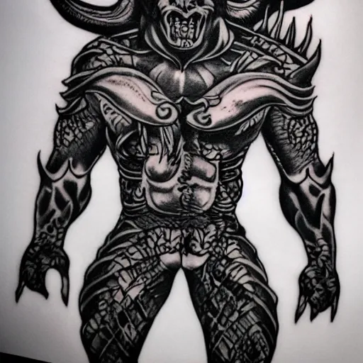 Image similar to 3/4 full body shot of demon with hoofs and horns in heroic pose, black and white ink tattoo