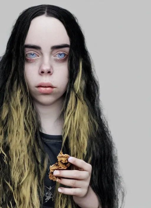 Image similar to a hyper realistic render of billie eilish wearing a melting ice cream cone as a hat, au naturel