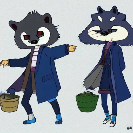 Prompt: anthropomorphic racoon, chibby, male, blue jacket in the style of studio ghibli