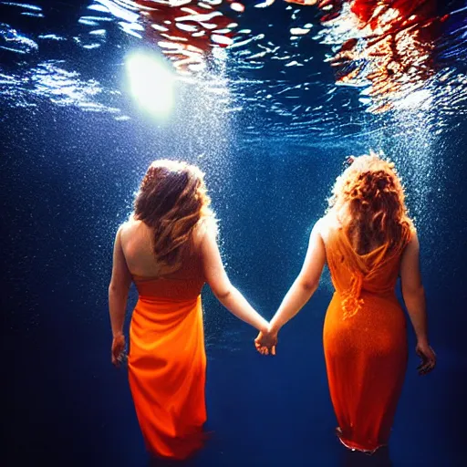 Image similar to award winning photograph of two women holding hands under water, volumetric lighting, flowing hair and dresses,