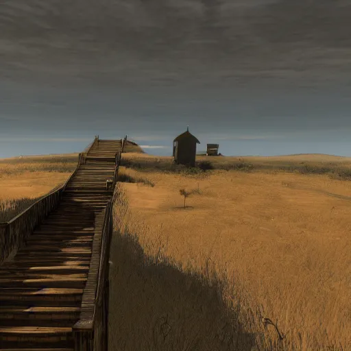 Prompt: steppe landscape with stairs leading to sky in game Pathologic 2