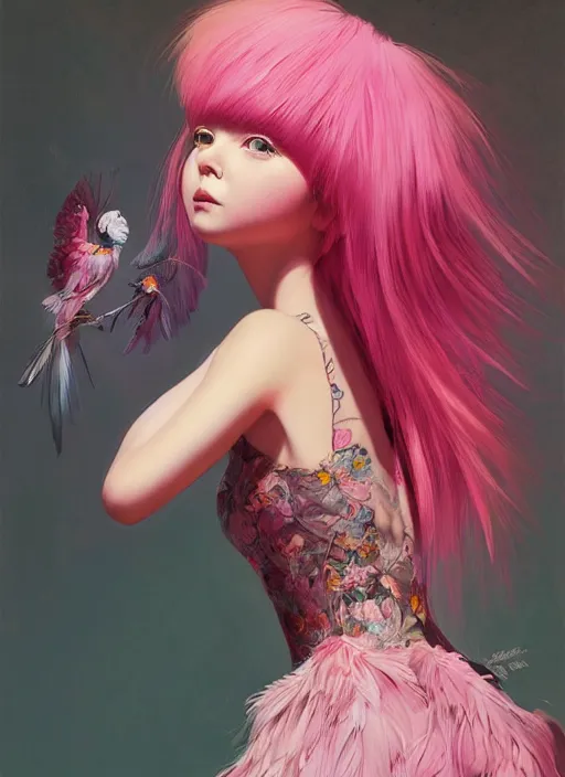 Image similar to beautiful little girl with an pink eccentric haircut wearing an dress made of feathers dancing on stage, artwork made by ilya kuvshinov, inspired in donato giancola, hd, ultra realistic, reflection, flowers, light, realistic face, bird tattoo, trending on pixiv, 8 k, ray tracing, glorious