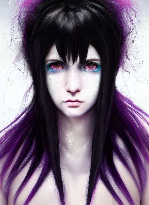 Image similar to hair blackbangs hair, white cyberlox, portrait of normal teenage girl, normal face, black bangs, messy bangs, fluffy bangs, cyberlox, whitebangs, red contact lenses, purple background, intricate, elegant, highly detailed, digital painting, artstation, concept art, sharp focus, smooth, illustration, art by wlop, mars ravelo and greg rutkowski