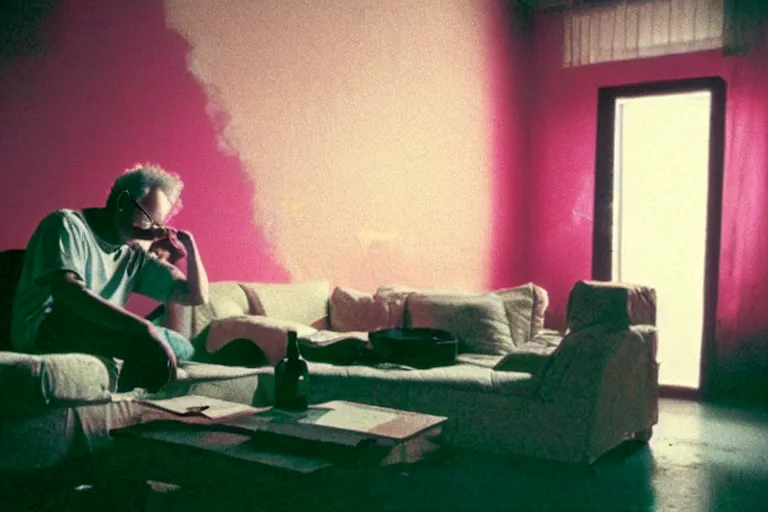 Image similar to old israeli apartment, todd solondz drinking alone, smoking, vaporwave colors, state of melancholy, romantic, dimmed lights, realistic