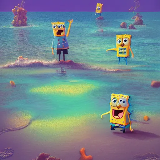 Image similar to spongebob walking on the shore, digital art, by Beeple