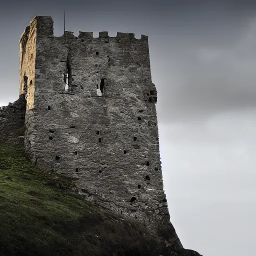 Prompt: a film still of a stone medieval castle tower on a cliff side with massive cloth draped from the castle tower, highly detailed fog, rain, moody, low key, surrounded by cliffs, hills and ocean, wide shot, trending on artstation, beautiful, bones, meat, highly detailed