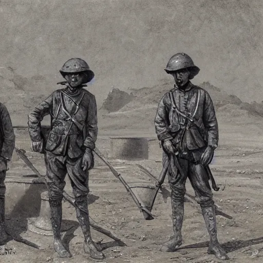 Image similar to ultra detailed photorealistic sepia - toned painting from 1 9 1 7, three british soldiers standing at an archaeological dig site in wadi rum, ultra realistic, painted, intricate details, lovecraft, atmospheric, dark, horror, brooding, highly detailed, by angus mcbride