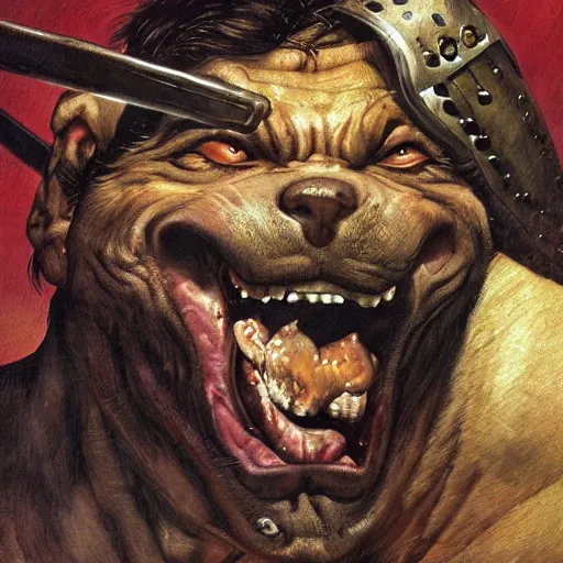 Image similar to grinning pit bull barbarian, fantasy warrior, drooling, ultra detailed, rule of thirds, crispy, super sharp, 4 k, style of norman rockwell, style of richard corben.