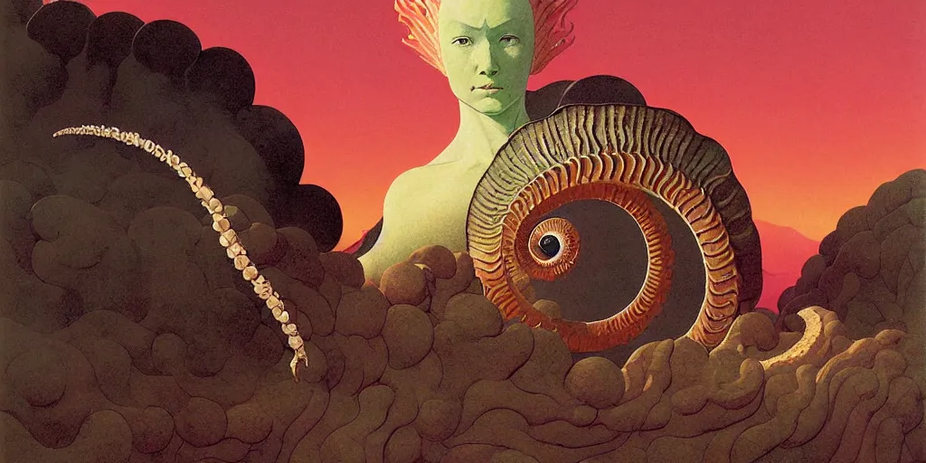 Image similar to portrait of the ammonite sorceress clad in coral armor exacts revenge, by kawase hasui, dorothea tanning, moebius, edward hopper and james gilleard, aivazovsky, zdzislaw beksinski, steven outram colorful flat surreal design